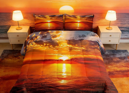 Manfei Sea Sunset Comforter Set Queen Size, Ocean Natural Landscape Bedding Set 3pcs for Kids Boys Girls Room Decor, Ocean Theme Down Comforter with 2 Pillowcases, No Sheets