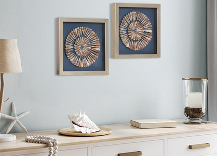 American Art Decor Seashell Shadowbox Set - 2-pc Natural Cone Shell Wall Art, Champagne Frame on Blue Linen - Coastal Wall Decor for Living Room, Bedroom, Bathroom, Office