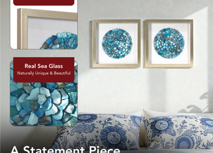 American Art Decor Sea Glass Shadowbox Set - 2-pc Aqua Teal Turquoise Round Seashell Wall Art, Champagne Frame on White Linen - Coastal Wall Decor for Living Room Bedroom Bathroom Office