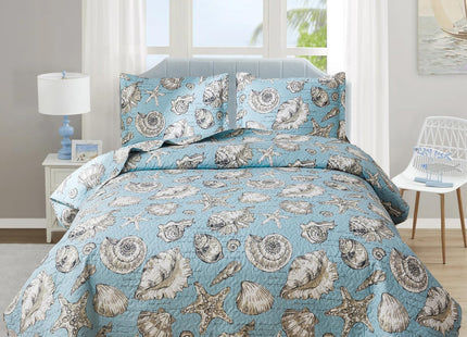 Junsey 3Pcs Coastal Quilt Set Twin Size Seashell Bedspread,Seahorse Seaweed Sea Fish Coverlet Set Lightweight Ocean Beach Quilts Reversible Bedding Cover Pillow Shams