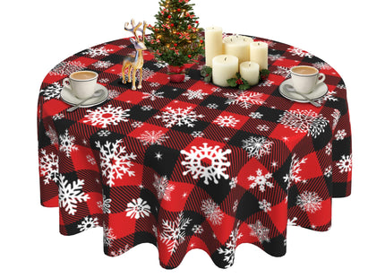 Christmas Round Tablecloth 60 Inch Red Buffalo Plaid Tablecloth Snowflake