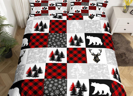 Erosebridal Christmas Duvet Cover Full for Boys Girls Wild Animal Bear Deer Print Bedding Set Christmas Decor Comforter Cover Grids Patchwork Bedspread Cover 3 Piece Winter Themed Xmas Bedding