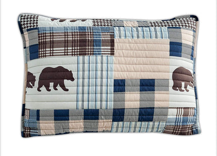 Rugs 4 Less Rustic Modern Farmhouse Cabin Lodge Stripe Quilted Bedspread Coverlet Bedding Set with Patchwork Grizzly Bears and Buffalo Plaid Check Patterns Beige Blue - Western 2 (Twin)