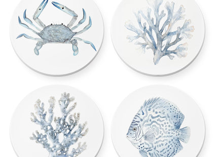 Beach Coasters Set of 4, Light Blue Coastal Beachy Nautical Ocean Crab Fish Corals Ceramic Drink Coaster Cup Mat with Cork Back for Table Decor