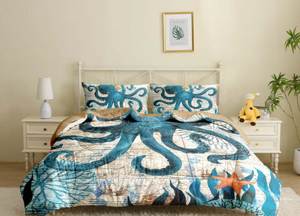 MUSOLEI Ocean Comforter Set Queen Size Four Seasons Quilt Kids Octopus Bedding Collections Soft for Teen Boys Turquoise Ocean Themed Mediterranean Style Printed Quilt Set Kids Gift