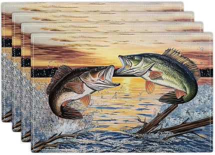 Bass Fish Placemats Set of 4, Farmhouse Lake Fishing Place Mats Table Mats for Kitchen Dining Room Restaurant 18"x12"