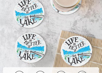 Life is Better Lake Coasters for Drinks Set of 4, Absorbent Ceramic Drink Coasters for Coffee Table Wooden Table Cup Bar, 4 Inches