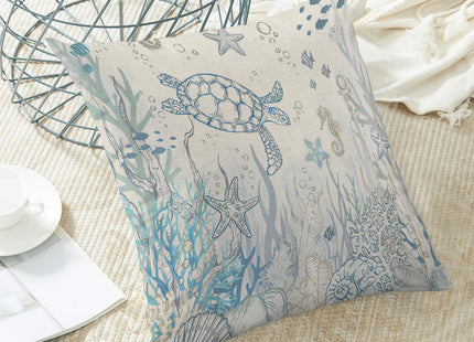 Jecuwo Nautical Coastal Pillow Covers 18x18 Set of 2 Turtle Coral Starfish Seashell Ocean Themed Decorative Cushion Cover Beach Throw Pillow Covers Linen for Home Sofa Couch Outdoor Decor