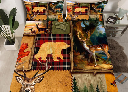 Manfei Hunting Sheet Set King Size, Wildlife Deer Bear Adventure Hunting Theme Bed Sheet Set 4pcs with Deep Pocket Fitted Sheet + Flat Sheet + 2 Pillowcases, Farmhouse Bedding Set for Kids Boys Teens