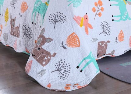 Queen Linens 100% Cotton 2 Piece Kids Quilt Bedspread Comforter Set Throw Blanket for Teens Boys Girls Kids Beds Bedding Coverlet Teal Blue Forest Deer (Twin)