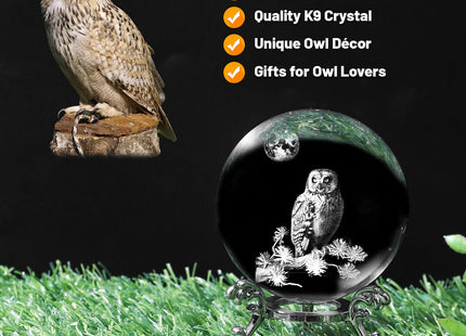 PYJ3DLAMP 3D Owl Crystal Ball with Stand Lase Engraved Glass Sphere Paperweight Owl Decor Gift