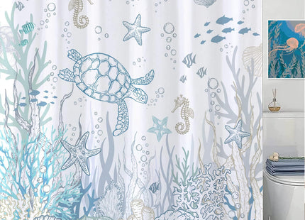 Lifeella Nautical Coastal Turtle Shower Curtain, Coral Starfish Seashell Ocean Themed Bathroom Curtain, Underwater Seahorse Bathroom Decor Blue 72 x 72 inch
