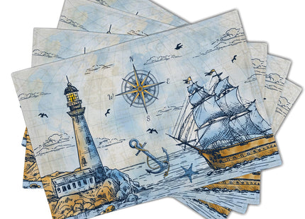 Nautical Placemats Set of, Retro Compass Lighthouse Anchor Sail Boat Ocean Theme Placemat Heat Resistant Washable Place Mats for 4 for Party Home Dining Tables Decor