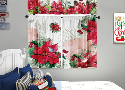 Cuteiush Christmas Poinsettia Valances for Kitchen Windows, Set of 3, Red and Green with Pinecone Butterfly, Rod Pocket, 52x18in and 36x26in x2, Multi-Room Decor, Digital Print