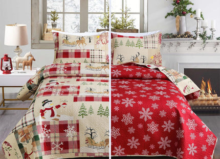 Lodge Style Ultra Lightweight Quilt Set King Size 96"x108", Striped 3 Piece Bedding Sets, Deer Snowflake Printed Rustic Bedspread Coverlet for Cabin Country Home Bedroom Decor,1 Quilt + 2 Pillow Shams