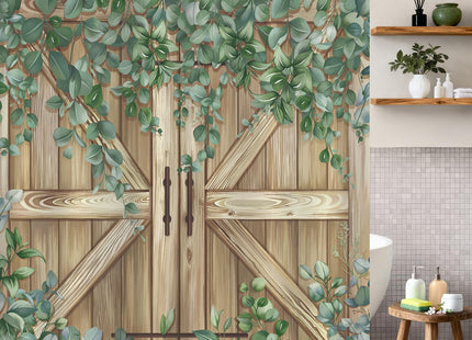 Bonhause Rustic Barn Door Shower Curtain, Wooden Cabin Eucalyptus Leaves Spring Farmhouse Bathroom Decor 72x72 Inch Polyester Fabric Waterproof Bath Curtain with 12 Hooks