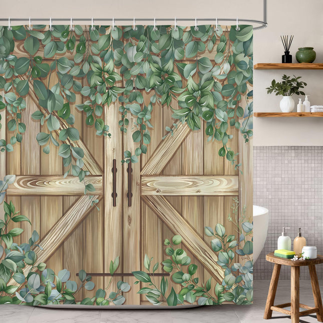 Bonhause Rustic Barn Door Shower Curtain, Wooden Cabin Eucalyptus Leaves Spring Farmhouse Bathroom Decor 72x72 Inch Polyester Fabric Waterproof Bath Curtain with 12 Hooks