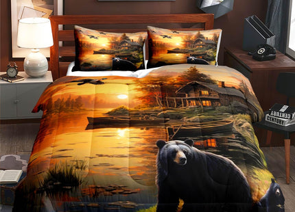 LUVIVIHOME 3PCS Black Bear Comforter Set Full Size, Rustic Cabin Bedding, Forest Animals Mallard Duck Wildlife Hunting Hunter Country Lodge Farmhouse Bedroom Decor, Microfiber Quilt, 2 Pillow Shams