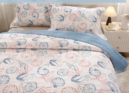 SUCSES 100% Cotton Coastal Quilts Bedding 3Pcs King Ocean Blue Quilt Nautical Conch Summer Comforter Reversible Lightweight Bedspread Coverlet with 2 Pillow Shams for All Season