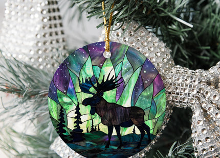 HYPESTYLE Northern Lights Christmas Moose Ornament, Holiday Present Idea, Heirloom Keepsake, Round Ceramic Ornament for Tree, Winter Reindeer Decoration