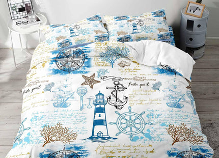 LUVIVIHOME 3PCS Nautical Bedding Set, King Duvet Cover, White Light Blue Stripes Lighthouse Anchor Compass Rudder Coral Starfish Beach Sea Ocean Coastal Comforter Bedspread Quilt Cover, 2 Pillow Cases
