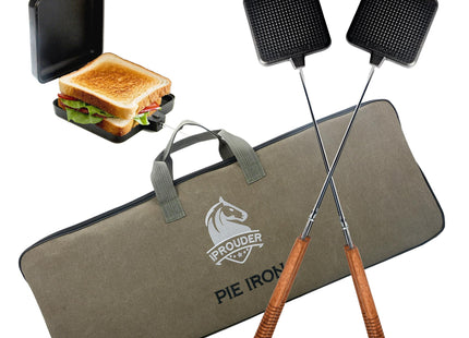 IPROUDER Campfire Pie Iron 4.9" Large Cast Iron Sandwich Maker for Camping 2 Pcs with Storage Bag - 22.6 inch Thickened Handles - Campfire Cooking Equipment for Grilling & Outdoor Cooking