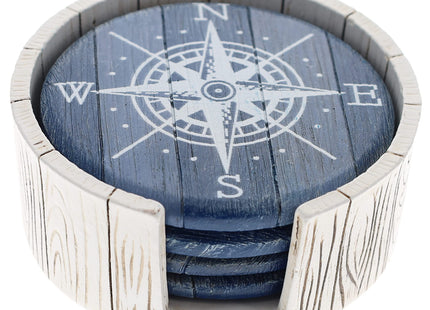 Compass Rose Coaster Set - Nautical Ocean Beach Boat Coastal Decor - Rustic Weathered Blue/White Finish