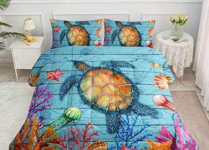 Datura Home Sea Turtle Ocean Beach Comforter Set - Printed Pattern Bedding With 1 Comforter and 2 Pillowcases for Boys Bedroom All Season (Twin)
