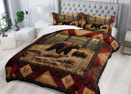 XYNHML Rustic Bear Wild Hunt Animal Comforter 3Pcs Queen Natural Forest Wildlife Brown Bear Bedding Set for Kid Teen Boy Girl Adult Retro Mountain Lake Quilt Decor with 1 Comforter and 2 Pillowcases