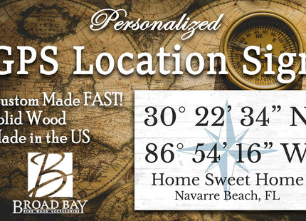 GPS Sign Personalized Location CUSTOM Coordinates Beach House or Lake Home Address Latitude Longitude Wall Art Decor - Solid Wood - 16.5" x 10.5"