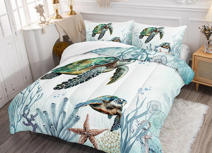 AILONEN Sea Turtle Comforter Set Queen Size, Teal Green Ocean Beach Coastal Bedding 3 Pieces Twin Bed in a Bag,Ocean Turtle Quilt with 2 Pillowcases for Boys Girls Adults