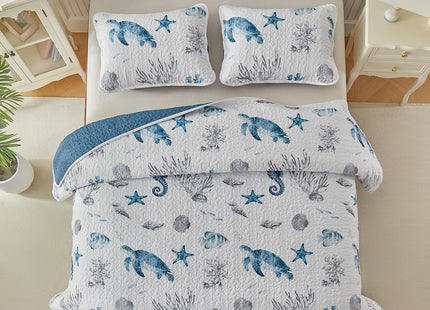 Coastal Quilt Sets King Size - Reversible Microfiber Dolphin Turtle Ocean Style Quilts with 2 Shams Soft Lightweight Beach Bedding Nautical Bedspread Coverlet Summer Comforter for All Season