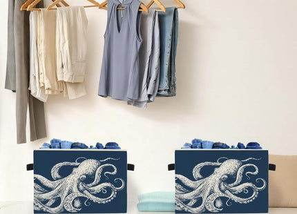 Ghoaoivo Navy Blue Octopus Beach Storage Box Bins, Coastal Ocean Octopus Animal Collapsible Storage Basket Organizer for Bedroom Laundry Room Home Clothes Books, Decor for Room