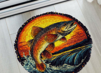 Latch Hook Rug Kit for Adults Trout Fish Jumping Out River and SunsetStamped Handmade Round Shape Carpet Crochet Yarn Craft DIY Hook and Latch Door Mat Tapestry for Home Floor Decor 50x50cm(6)