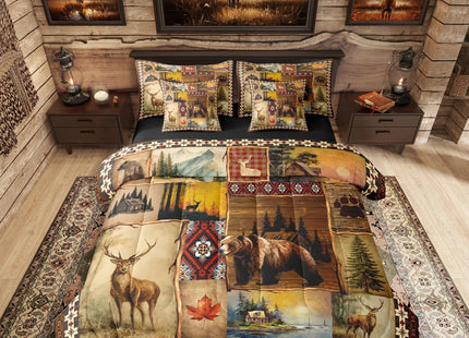 Erosebridal Hunting and Fishing Queen Bedding Set 7 Pieces, Brown Tribal Buffalo Plaid Comforter Set with Sheets, Rustic Bear Deer Elk Moose Bed in A Bag, Country Cabin Lodge Patchwork Bed Sets