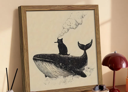 Framed Funny Black Cat and Whale Canvas Wall Art, Whimsical Minimalist Animal Painting Wall Decor, Smoking Kitty Ocean Poster Print Picture for Bedroom Living Room Bathroom Home 16x16 Inch