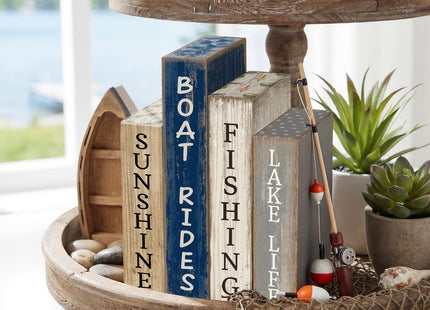 Lineshading 4 Pcs Summer Lake House Decor Stacked Wooden Book Block Signs