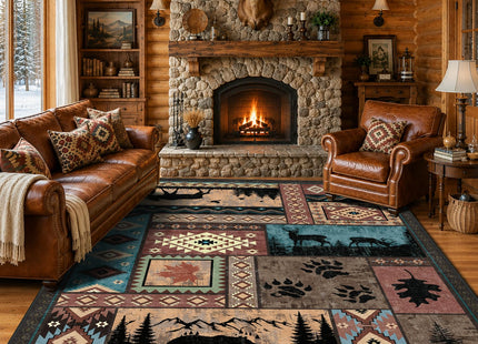 SAIFILI Rustic Cabin Area Rug for Living Room 5x7, Washable Southwestern Country Lodge Bear Rug, Non-Slip Low Pile Wildlife Animal Carpet for Bedroom, Dining Room, Farmhouse, Home Decor