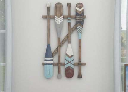Deco 79 Wood Paddle Home Wall Decor Novelty Canoe Oar Wall Sculpture with Arrow and Stripe Patterns, Wall Art 21" x 2" x 36", Brown