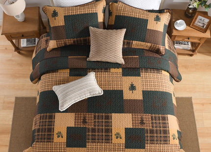 Finlonte Quilt King Size, 100% Cotton Cabin King Quilt, Lodge Cabin Farmhouse King Comforter Sets, Lightweight Reversible Qulted Bedspread Set for All Seasons, Dark Brown/Dark Green