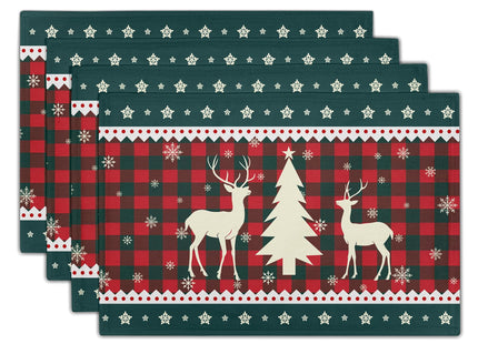 Christmas Elk Snowflakes Placemats Set of 4 for Dining Table,Xmas Reindeer Red Green Buffalo Plaid Washable Table Mats Placemats for Winter Kitchen Holiday Coffee Place Mat 18 x12 Inch