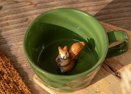 DIHOclub Farmhouse Ceramic Coffee Mug with Squirrel Figurine – Rustic Stoneware Cup, Matte Finish, Ideal for Breakfast & Home Decor (Green Squirrel)