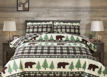 Junsey Country Bear Bedding Lightweight Cabin Moose Quilts Set Twin Size,3Pcs Summer Rustic Bedspreads Wildlife Pine Tree Reversible Stripe Coverlets Pillow Shams
