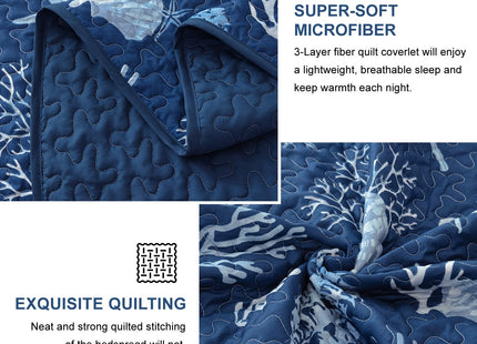 Djoymock Coastal Quilt Set Queen Size 3 Piece, Summer Beach Blue Theme Quilts with Pillowcases Microfiber Ocean Bedding Set Nautical Bedspreads Coverlet Lightweight Comforter for All Season
