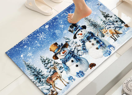 Evlaschin Blue Snowman Bath Rug Winter Forest Deer Fox Wildlife Bathroom Mats Xmas Pine Trees Snowflakes Presents Non-Slip Bathroom Rugs 32x20Inch for Shower Room Bathtub Kitchen Sink Decor
