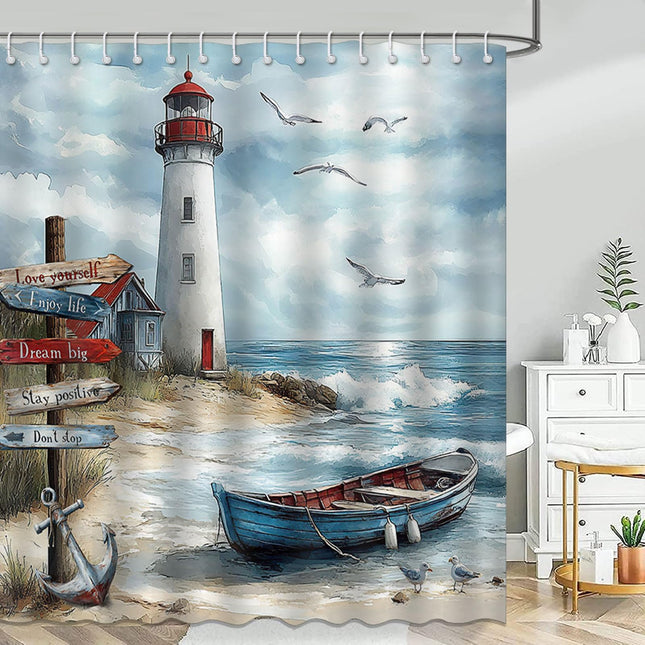 Mocsicka Nautical Coastal Shower Curtain Ocean Beach Lighthouse Bathroom Shower Curtain Seaside Nautical Coastal Waterproof Fabric Shower Curtains Bathtub Decor with 12 Hooks 72 X 72 Inch (Blue)