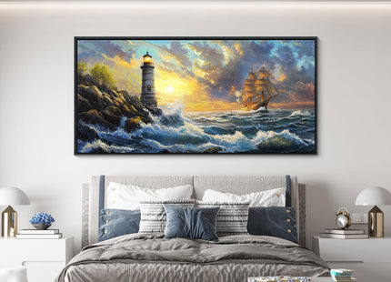 CHATYOUNG Large Wall Art Living Room, Ocean Sunrise Big Waves Framed Wall Pictures Beach Sailboat Lighthouse Landscape Canvas Paintings for Bedroom Dining Room Kitchen Office Home Decor 29x58 IN
