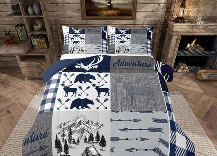 Erosebridal Camping Down Comforter for Kids, Deer Bear Comforter Set Queen Size Rustic Buffalo Plaid Patchwork Bedding Set for Teens Adult Bedroom, Lodge Woodland Wildlife Duvet Sets, Grey Blue