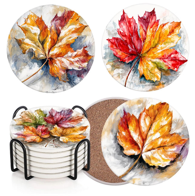 Bribay Fall Coasters for Drinks, Set of 6, Ceramic Stone Maple Leaf