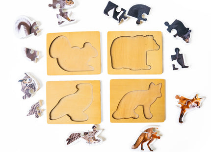 Wooden Montessori Animal Puzzles for Toddlers 2+ Years | Realistic Chunky Woodland Animal Shape Puzzle | Educational Learning Toy - Four-Piece Woodland Creature Puzzles